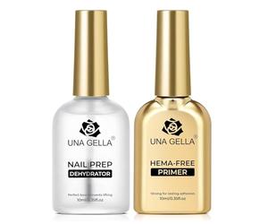 UNA GELLA Nail Prep Dehydrator & Primer Set - Professional Non-Acid Nail Primer for Acrylic, Gel Polish, Dip Powder, Prevents Lifting, Long-Lasting Manicure up to 30 Days, 0.5oz Salon & DIY Kit