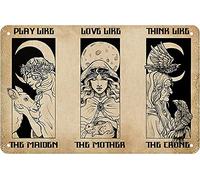 UNBARD Panneau en métal avec inscription « Play Like Love Like Think Like The Maiden Mother Crone Witch Cat » - Cadeau amusant - Décoration murale rétro pour chambre à coucher - 20,3 x 30,5 cm