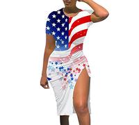 Unbekannt Jour de l'Indépendance Femmes Drapeau Américain Motif Décontracté Cordon de Serrage Fente Robe Mince 4 de Juillet à Motif Floral Robes Tricotées Hiver Femmes, Blanc., L