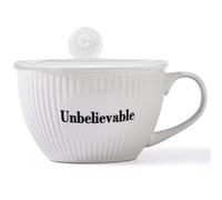 Unbelievable Tasse à soupe de 800 ml, boîte à déjeuner en porcelaine à rayures avec couvercle, bol à soupe amusant en céramique blanche avec poignée et couvercle pour repas ou boissons au bureau