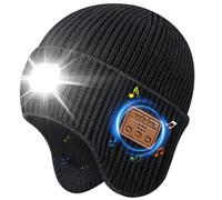 UNBON Idée Cadeau Homme Noël Original Utile Personnalisé, Cadeau Noël Anniversaire Homme Papa Femme, Bonnet Bluetooth avec Lampe Frontale, Bonnet LED Connecté Bluetooth avec Cache Oreille Chaud, Noir