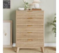 UnboxGermany Commode 5 Tiroirs - 73x40x108 cm - Meubles de Rangement Buffet avec Poignée Golden - Effet Lattes tasseau Bois Coloris chêne pour Chambre, Salon, Bureau