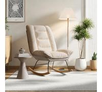 UnboxGermany Fauteuil scandinave en Bois, Fauteuil à Bascule, Rocking Chair, Structure en Bois Massif et métal, 77 x 90 x 100 cm, Lin, Beige (Beige-A)