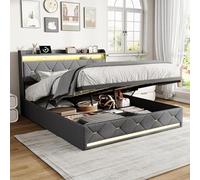 UnboxGermany Lit Double 140x200 cm avec sommier à Lattes et Rangement, Lit Coffre avec Port USB de Type C, Lumière LED, Tête de Lit avec Rangement, Lin- Gris