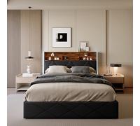 UnboxGermany Lit Double 160x200 cm avec Rangement à vérin hydraulique, tête de lit avec Port USB et Bandes LED latérales et Effet Pierre brûlée, lit Coffre Fonctionnel et élégant, PU, Noir