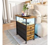 UnboxGermany Table de Chevet Moderne avec LED, 3 Tiroirs, Passage de Câbles, Plateau Multifonction, Poignées Dorées, Meuble de Nuit pour Chambre ou Salon, Fauve