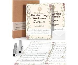 UNCLE EJ Kit de cahier d'écriture cursive rainurée - Grand cahier d'exercices cursifs pour enfants de 8 à 12 ans et adultes, pratique d'écriture magique réutilisable rainurée, lettres, mots et poésie,