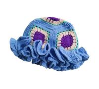 UncleS Élégant chapeau de pêche au crochet avec bord équipé - Doux et chaud - Tricoté à motif floral - Seau pour l'hiver - Bord à volants, Bleu parquet, taille unique