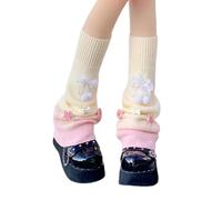 UncleS Punk Tricoté Évasé Jambières avec Jolies Boules en Peluche Nœud Arc Charme Couvre-pieds Baggy Jambes Larges Chaussettes pour Femmes Japon Tricoté Chaussettes sans Pied Tricotées