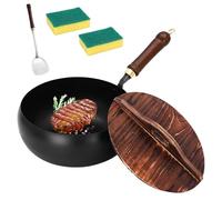 Uncoated Iron Pan, Japanese Hand-Forged Non-Stick Iron Pan Without Coating, Round Bottom Wok with Wooden Lid Lid, Durable and Rust-Free (9.45in)