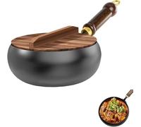 Uncoated Iron Pot, Round Hammer Patterned Frying Pan Pot with Wooden Lid, Hand Forged, Wooden Handle to Prevent Burns, Meeting Daily Cooking Needs (Uncoated Iron Pan+ Lid)