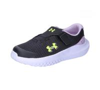 Under Armour UA GINF Surge 4 AC Chaussures de sport pour filles, baskets pour enfants légères et respirantes, couleur noir/violet clair/jaune fluo