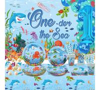 Under The Sea Party Supplies Ocean Sea Party Vaisselle Set Assiettes Nappe Toile De Fond Ballons Cake Toppers Pour Décorations De Fête D'anniversaire,Sert 20