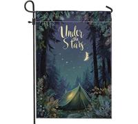 Under the Stars Drapeau de jardin de camping, bannière de tente de forêt bleu foncé, bannière de décoration extérieure, drapeau double face en toile de jute pour décoration de pelouse saisonnière 30,5