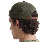 UNDERCONTROL Vintage Brimless Sailor Fisherman Leon Hat Roll Cuff Harbour No Visor Miki Skull Docker Leather Strap Beanie Cap pour Hommes et Femmes - Fabriqué en Corée - (Olive)