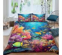 Underwater scène Housse de Couette 3 Pièces 3D Imprimée Facile d'entretien Coloré Coral Reef Art Ensemble De Literie avec Taie d'oreiller Ultra Douce for Garçons Adolescents Super King（260x220cm）