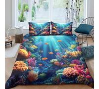 Underwater scène Housse de Couette Hypoallergique 3 Pièces 3D Imprimée Léger Coloré Coral Reef Art Ensemble De Literie avec 2 x Taies d'oreiller Super Douce for Enfants Garçons Ado Single（140x200cm）