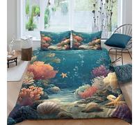 Underwater scène Housse de Couette Hypoallergique 3 Pièces 3D Imprimée Léger Coloré coral reef Ensemble De Literie avec 2 x Taies d'oreiller Super Douce for Enfants Garçons Ado Single（140x200cm）