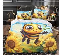Une abeille mignonne qui vole 3D Imprimé Drap de couette Microfibre entretien facile champ de tournesols de dessin animé Housse de couette 2 taies éclair caché famille invités Single（140x200cm）