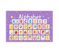 Une affiche de l'alphabet attrayante et colorée pour l'apprentissage de la petite enfance, fabriquée dans un style de dessin animé ravissant. Le fond est un violet ludique avec des étoiles blanches