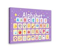 Une affiche de l'alphabet attrayante et colorée pour l'apprentissage de la petite enfance, fabriquée dans un style de dessin animé ravissant. Le fond est un violet ludique avec des étoiles blanches