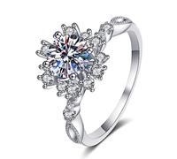 Une Bague de Fiançailles, Or Blanc Bague Gothique Fleur Creuse Argent 925 avec 6.5mm Rond Oxyde de Zirconium Taille 46.5