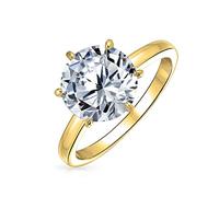 Une Bague De Fiançailles Solitaire Classique Intemporelle En Zircon Cubique 3Ct Cz Une Monture À 6 Griffes Taille Brillant Rond Bande Fine De 2Mm En Argent Sterling Plaqué Or Jaune Personnalisable.