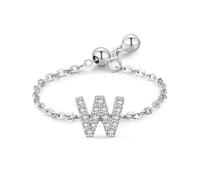 Une Bague de Mariage, Bague Unisexe Argent Anneau de Chaîne Réglable avec Lettre Anglaise W avec Rond Blanc Oxyde de Zirconium Argent 925 Taille Ajustable