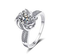 Une Bague de Mariage, Or Blanc Alliance Femme Mariage Fleur Argent 925 avec 6.5mm Rond Oxyde de Zirconium Taille 47.5