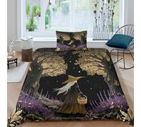 Une belle sorcière se promène dans une forêt de lavande parsemée d'étoiles 3 Pcs Couverture De Couette Doux Literie Set Microfibre 3D Imprimé Avec Taies D'oreiller Pour Filles Garçon Single（135x200cm）
