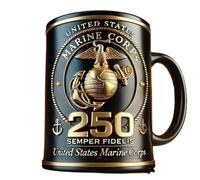 Une collection de tasses à café commémoratives militaires américaines, avec le 250e anniversaire du Corps des Marines, de l'armée et de la marine, tasses en céramique noires et dorées (Marine Corps)