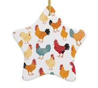 Une couvée de poulets - Décorations de Noël en céramique avec étoiles - Décoration de vacances en céramique faite à la main avec ficelle dorée pour sapin de Noël.