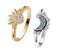 UNE DOUCE Ensemble de bagues soleil céleste et lune, bague soleil étincelant/lune bleue avec placage or 14 carats, bague de promesse d'amitié, bagues célestes empilables, cadeau pour femmes et filles,