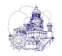 une expérience visuelle dynamique d'un dessin à moitié terminé d'une académie steampunk de New York Stickers muraux en vinyle 54.6x54.6cm Modification et ajout d'informations possibles Bleu foncé