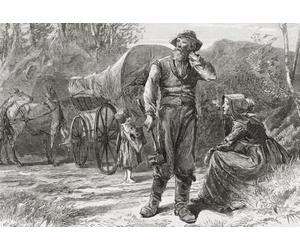 Une famille avec des chevaux et un chariot couvert se reposant sur leur chemin vers la Californie pour chercher une nouvelle vie. Ils répondaient peut-être à l'exhortation « Go West young man », une
