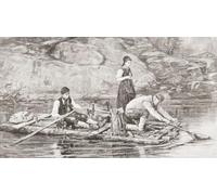 Une famille de pêche à la truite en Suède à l'aide d'un radeau en bois et d'un filet pour attraper le poisson XIXe siècle. Ilustracion Artistica publié 1887. Poster imprimé par Ken Welsh (18 x 10)
