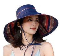 Une femme portant un double chapeau de style ethnique avec un large bord et un cordon de serrage complet Gwy271, bleu marine, Taille unique