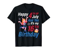 Une fille et un drapeau américain Joyeux 4 juillet, oui, c'est mon 16e anniversaire T-Shirt