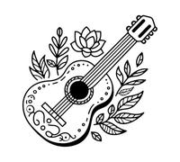 une guitare avec des fleurs et des feuilles dessus Stickers muraux 67.2x68.8cm Décoration de carrosserie Noir