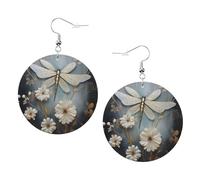 Une libellule blanche en fleur boucles d'oreilles rondes en cuir PVC imprimé double face avec crochets plaqués argent 925, taille unique, argent sterling, pierre d'or, taille unique, argent sterling