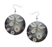 Une libellule blanche en fleur boucles d'oreilles rondes en cuir PVC imprimé double face avec crochets plaqués argent 925, taille unique, argent sterling, pierre d'or, One Size, Argent sterling