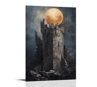 Une lune se levant derrière une tour de château de pierre, peinture à l'huile atmosphérique, art mural, décoration moderne, affiche d'art à suspendre, 20 x 30 cm