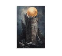 Une lune se levant derrière une tour de château de pierre, peinture à l'huile atmosphérique, art mural, décoration moderne, affiche d'art à suspendre, 50 x 75 cm