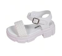 Une paire de sandales pour enfants/filles. Le corps principal de la tige est blanc. Les sangles tressées sont dans une combinaison de rose. Il y a une sangle à boucle métallique à la cheville. EUR34,E