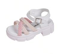 Une paire de sandales pour enfants/filles les plus vendues. Le corps principal de la tige est blanc. Les sangles entrecroisées sont dans une combinaison de blanc et de rose. Il y a une sangle à boucle