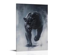 Une panthère noire fière rôdant à travers une toile grise sourde, muscles ondulant sous la lumière décolorée d'un crépuscule invisible. Décoration murale moderne à suspendre 60 x 90 cm