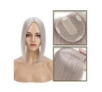 Une perruque chauve de dame, Postiche en cheveux naturels for femme de 15 à 45 cm, sans frange, 10 x 12 cm, base en soie injectée, à clipser, lisse(Gray,14inch)