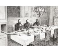 Une piste de chemin de fer électrique miniature du XIXe siècle utilisée pour servir des repas à table. Ilustracion Artistica publié 1887. Affiche imprimée par Ken Welsh (17 x 11)