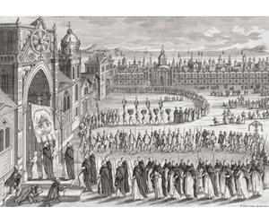 Une procession auto-da-fe ou acte de foi de l'Inquisition portugaise à Goa India. Après une œuvre du XVIIIe siècle par Bernard Picart. Poster imprimé par Ken Welsh (16 x 12)
