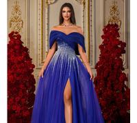 Une robe de soirée de luxe à jupe longue fendue, avec épaules dénudées, en tulle avec broderie de sequins dégradé bleu royal L,M,S,XL,XSTissu tissé